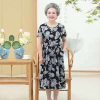 黑底百花连衣裙 XL 奶奶装夏装长裙子中老年人女装60岁70妈妈老人棉绸短袖夏季连衣裙