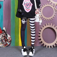 黑白色 中腰骷髅横条 S 建议80-100斤 时尚打底裤女薄款个性横条纹拼接骷髅头黑白色阴阳裤外穿九分裤潮