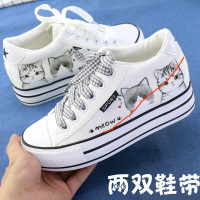 纯色白 D布面内增肥猫 35 内增高帮帆布鞋女鞋学生韩版松糕森女士小白鞋女手绘鞋樱花粉联名