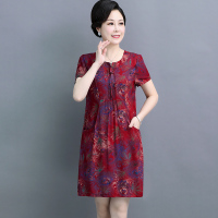 1号色 L 胖妈妈棉绸连衣裙加肥加大码宽松中老年人夏装短袖碎花中长款裙子