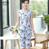 1号 L 中老年女装夏季短袖套装妈妈棉绸两件套中年50岁印花夏装上衣裤子