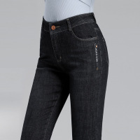 黑色春秋不加绒 26/S 牛仔裤女九分加绒高腰40岁中老年长裤弹力小脚裤中年女士妈妈裤子