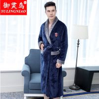 男[中长款]藏青灰领 M 建议[80-100斤] 冬季法兰绒情侣睡袍女士加厚长款珊瑚绒浴袍男士睡衣大码家居服