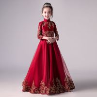 酒红色长裙棉里衬+水晶皇冠 110 儿童礼服公主裙女童蓬蓬纱花童钢琴演出服小主持人晚礼服走秀长袖