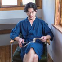 七分袖华夫格-藏青男 S 110斤内穿 睡袍女春夏季华夫格薄款情侣浴袍女士睡衣睡裙中长款大码家居服