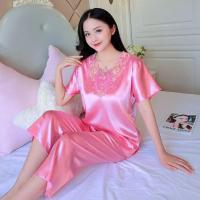 F粉色花边款(短袖短裤) L 建议95-110 S-5XL 睡衣女春夏冰丝韩版性感长袖加大码秋冬季仿真丝短袖家居服