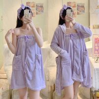 紫色[抹胸裙+外袍]发带 S [建议80-90斤] 法兰绒睡衣女冬性感吊带浴袍女加绒加厚珊瑚绒可爱学生睡袍家居服