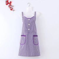 双兜纽扣背带小格子紫色 长袖格子翻领围裙厨房家用防水防油拉链兜罩衣女洋气耐脏工作服男