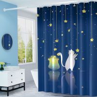 涤纶摘星猫 单帘宽100*高180+环 浴室浴帘布加厚防水防霉窗帘卫生间隔断帘挂帘日本浴帘套装免打孔