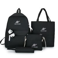 熊猫黑色 熊猫四件套无挂件 日系简约百搭校园背包韩版ins学院风学生双肩包女chic帆布书包女