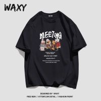 WAXY纯棉圆领夏季短袖女T恤学生宽松打底衫慵懒风休闲印花上衣服