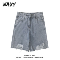 WAXY破洞牛仔短裤女夏季高腰韩版宽松2022新款直筒五分裤子ins潮