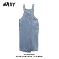 WAXY连衣裙女复古开叉牛仔背带裙子春夏新款宽松显瘦韩版吊带长裙