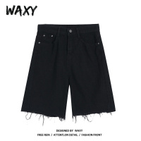 WAXY网红高腰阔腿中裤薄款黑色牛仔短裤女夏季直筒宽松潮五分裤子
