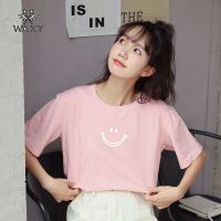 WAXY印花笑脸T恤女短袖2022年新款夏装纯棉半袖体恤衫夏季上衣潮