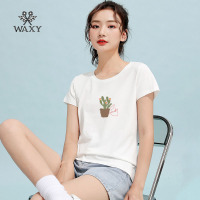 WAXY2022年夏装新款创意印花韩版圆领女短袖纯棉宽松时尚薄款t恤
