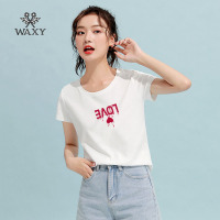 WAXY2022年夏装休闲圆领宽松棉时尚百搭休闲潮爱心印花短袖女t恤