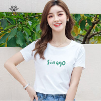 WAXY夏季洋气减龄气质印花字母T恤百搭圆领简约打底新款体恤全棉