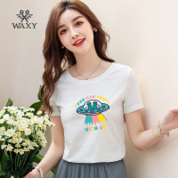 WAXY2022新款女短袖T恤打底衫UFO印花创意圆领纯棉T恤ins潮流百搭