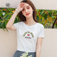 WAXY2022年新款夏季纯棉正肩t恤女短袖美式印花圆领全棉体恤潮流