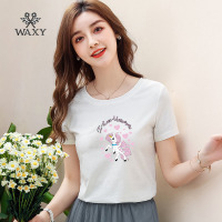 WAXY纯棉宽松时尚文艺T恤短袖粉红小马印花减龄百搭正肩体恤气质