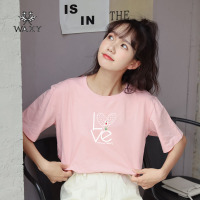 WAXY圆领T恤女短袖小清新爱心印花纯棉时尚文艺减龄百搭上衣正肩