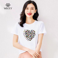 WAXY2022夏天新款豹纹爱心印花创意减龄纯棉圆领T恤百搭减龄气质