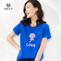 WAXY蔷薇玫瑰印花短袖T恤女简约时尚百搭外穿体恤个性遮肉纯棉Tee