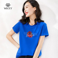 WAXY蔷薇印花百搭潮流T恤女短袖网红ins风正肩宽松纯棉外穿体恤