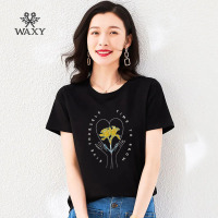 WAXY花朵油画印花短袖外穿小心机新款高档气质女T恤正肩港风体恤