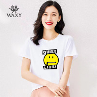 WAXY外穿官方正肩短袖女ins风拉链表情印花遮肚子甜美减龄体恤Tee