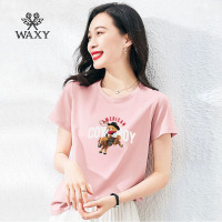 WAXY复古牛仔熊美式西部风体恤女高级气质时尚圆领纯棉T恤显瘦潮