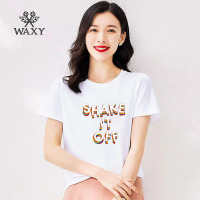 WAXY英文字母印花欧美短袖女T恤外穿高级设计感圆领全棉休闲体恤