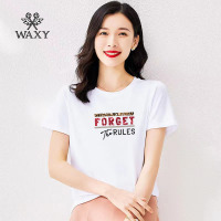 WAXY港风外穿高档豹纹字母印花T恤女短袖高级圆领体恤全棉时尚新