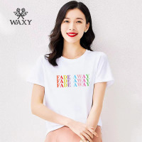 WAXY2022新款t恤彩色字母印花100%全棉外穿圆领气质遮肉休闲体恤