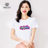 WAXY外穿T恤女100%全棉正肩官方遮肚子美式印花设计感圆领体恤新