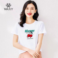 WAXY新款外穿短袖T恤女气质樱桃印花官方遮肚子100%全棉体恤潮流