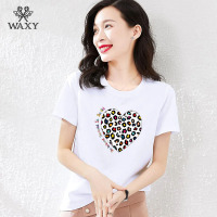 WAXY豹纹爱心印花短袖T恤女春夏新款欧货轻奢圆领纯棉上衣打底衫