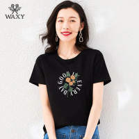 WAXY短袖2022年新圆领纯棉t恤女装韩版字母印花设计感女小众夏装