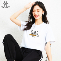 WAXY纯棉白色t恤女短袖2022年夏季新款ins潮韩版笑脸字母体恤上衣