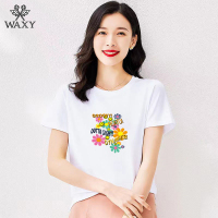 WAXY纯棉t恤女短袖2022年夏季新款笑脸菊花网红印花半袖体恤上衣