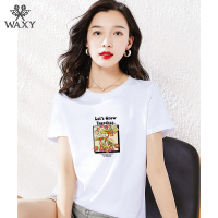 WAXY纯棉短袖t恤女夏装2022年新款时尚蘑菇字母印花圆领体恤上衣