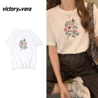 Victory&vera宽松减龄时尚小众正肩体恤女2022夏季薄款t恤上衣ins