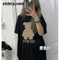 VICTORYVERA夏季2022新款小熊短袖t恤女宽松纯棉学院风半袖上衣服