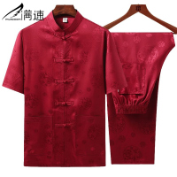 满速唐装男夏季中老年丝绸短袖衬衫中国风爸爸夏装套装衣服爷爷装