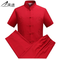 满速爸爸唐装男短袖套装中老年夏季薄款中国风盘扣休闲爷爷居士服