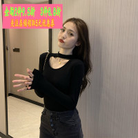 挂脖小心机长袖T恤女春秋性感黑色打底衫内搭修身上衣