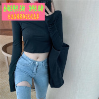 秋装高腰短款露脐黑色长袖T恤女修身显瘦内搭打底衫上衣