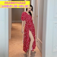 法式复古过膝长款波点小红裙收腰显瘦仙女红色连衣裙