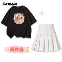 Reshake2022夏季新款小清新减龄俏皮印花T恤百褶半身短裙两件套装
